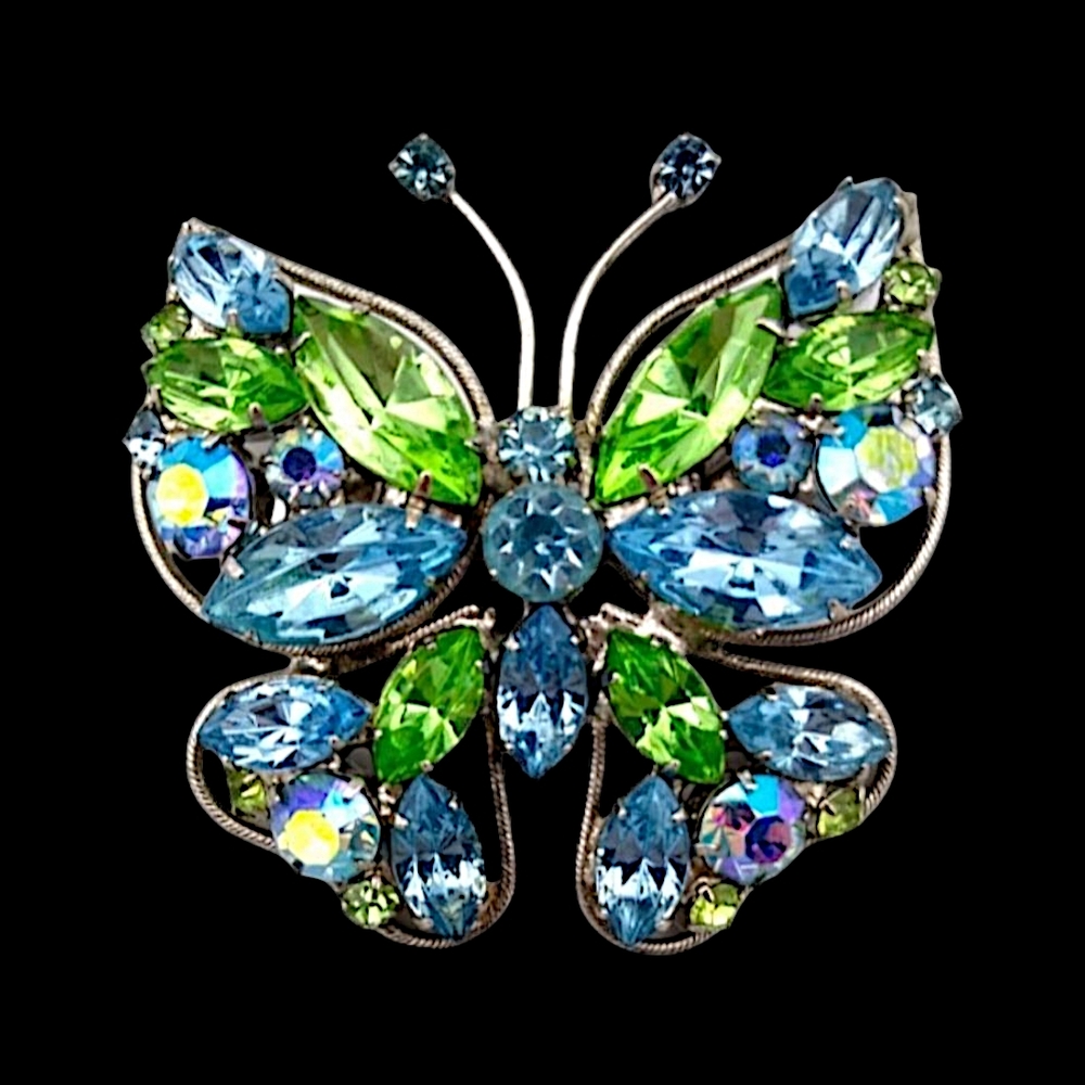 Vintage Rhinestone Butterfly Brooch, Lt Blue and Peridot Green RS & Blue AB